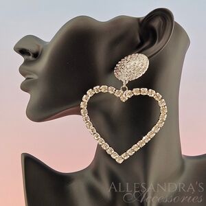 Kenneth Jay Lane Earrings Silver Tone Crystal Heart Earrings Formal Party Glam